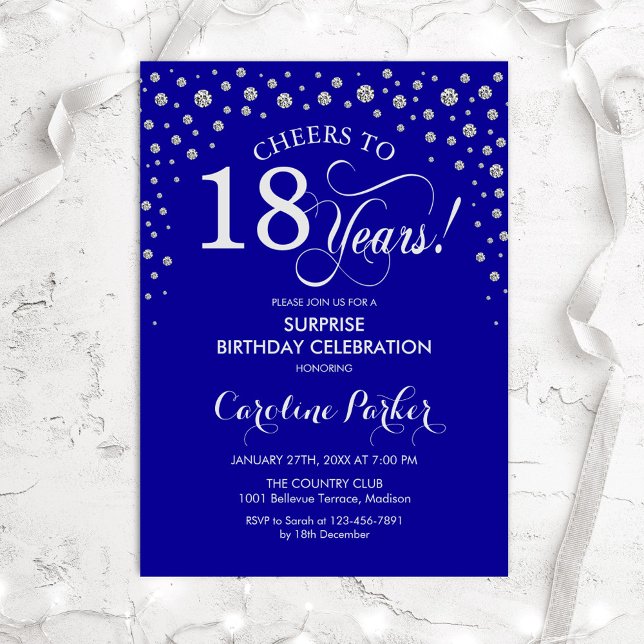 Surprise 18th Birthday Party - Royal Blue Silver Invitation (Creator Uploaded)