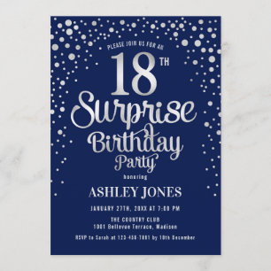 Surprise 18th Birthday Party - Silver & Navy Blue Invitation