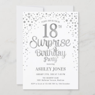 Surprise 18th Birthday Party - Silver & White Invitation