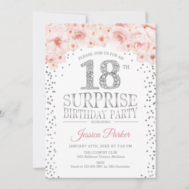 Surprise 18th Birthday Party - White Gold Pink Invitation (Front)