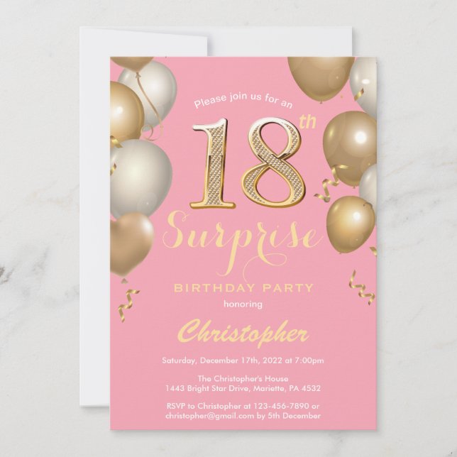 Surprise 18th Birthday Pink and Gold Balloons Invitation (Front)