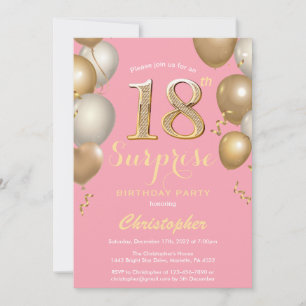 Surprise 18th Birthday Pink and Gold Balloons Invitation