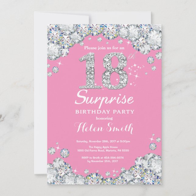 Surprise 18th Birthday Pink and Silver Diamond Invitation (Front)