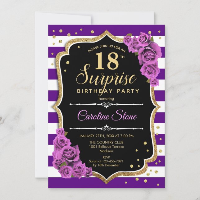 Surprise 18th Birthday - Purple Gold Invitation (Front)