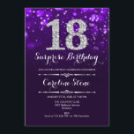 Surprise 18th Birthday - Purple Silver Invitation<br><div class="desc">Surprise 18th Birthday Invitation.
Elegant purple design with faux glitter silver. Adult birthday. Features diamonds,  bokeh lights and script font. Men or women bday invite.  Perfect for a stylish birthday party. Message me if you need further customization.</div>
