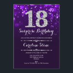 Surprise 18th Birthday - Purple Silver Invitation<br><div class="desc">Surprise 18th Birthday Invitation.
Elegant purple design with faux glitter silver. Adult birthday. Features diamonds,  bokeh lights and script font. Men or women bday invite.  Perfect for a stylish birthday party. Message me if you need further customization.</div>