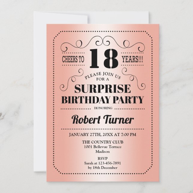Surprise 18th Birthday - Rose Gold Black Invitation (Front)