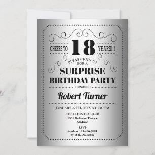 Surprise 18th Birthday - Silver Black Invitation