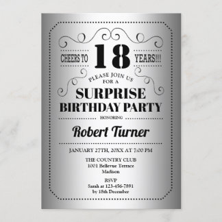 Surprise 18th Birthday - Silver Black Invitation