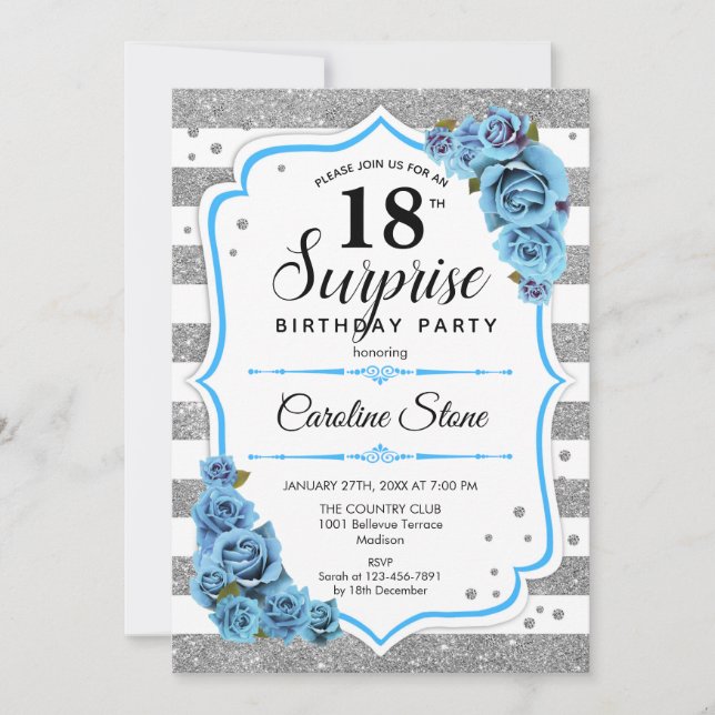 Surprise 18th Birthday - Silver White Blue Invitation (Front)