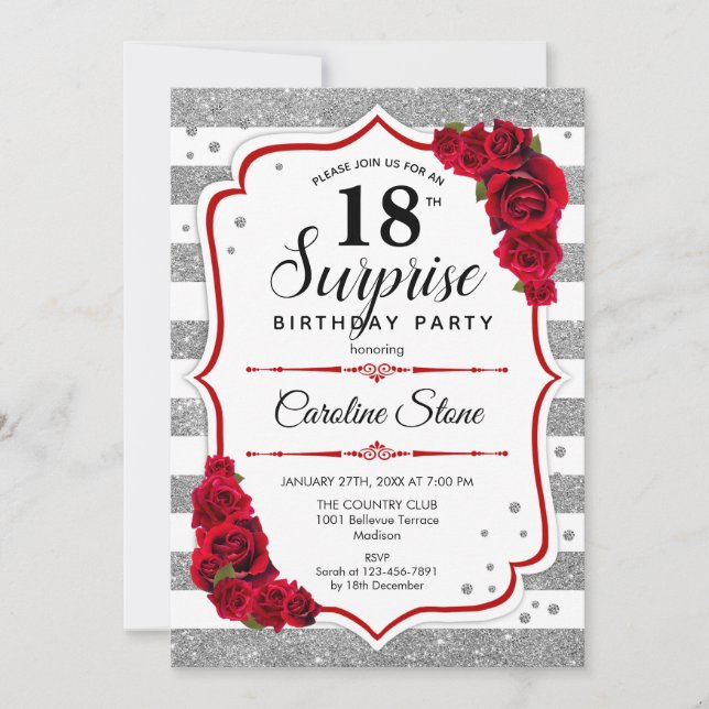 Surprise 18th Birthday - Silver White Red Invitation (Front)