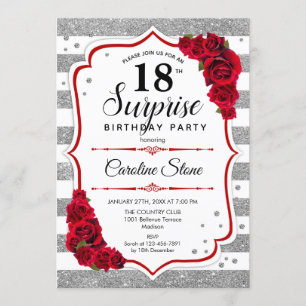 Surprise 18th Birthday - Silver White Red Invitation