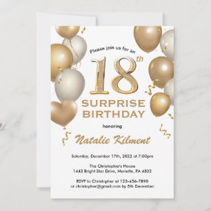 Surprise 18th Birthday White and Gold Balloons Invitation