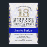 Surprise 18th Birthday - White Gold Royal Blue Invitation<br><div class="desc">Surprise 18th Birthday Party Invitation.
Elegant design in faux glitter gold,  white and royal blue.</div>