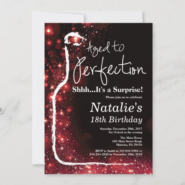 Surprise 18th Birthday Wine Aged to Perfection Red Invitation (Front)