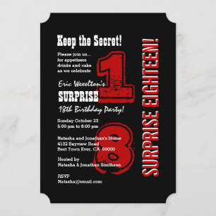 SURPRISE 18th Modern Birthday Red Black White A01 Invitation