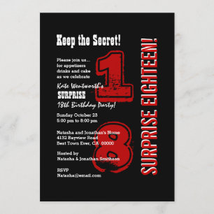 SURPRISE 18th Modern Birthday Red Black White V01C Invitation