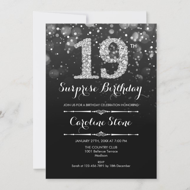 Surprise 19th Birthday - Black Silver Invitation (Front)