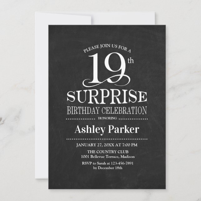 Surprise 19th Birthday Party - Black and White Invitation (Front)