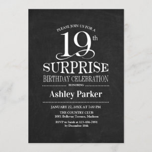 Surprise 19th Birthday Party - Black and White Invitation