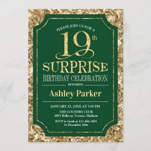 Surprise 19th Birthday Party - Gold Green Invitation