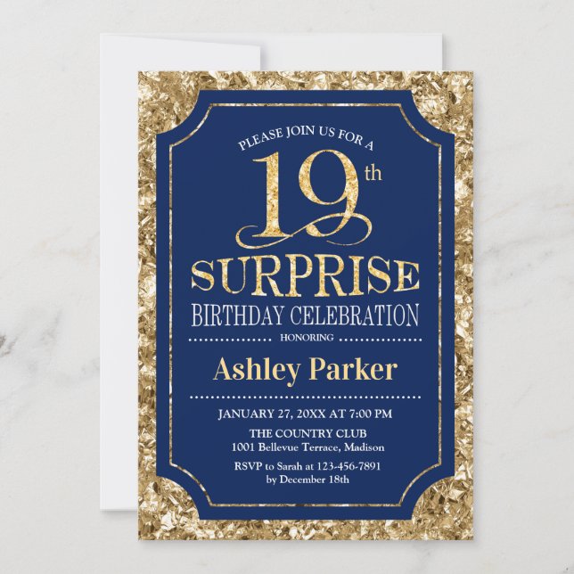 Surprise 19th Birthday Party - Gold Navy Invitation (Front)