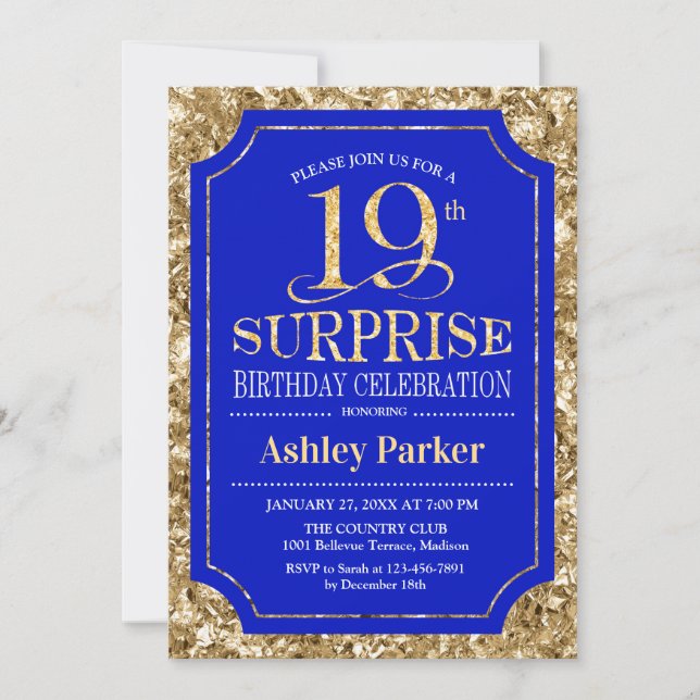 Surprise 19th Birthday Party - Gold Royal Blue Invitation (Front)