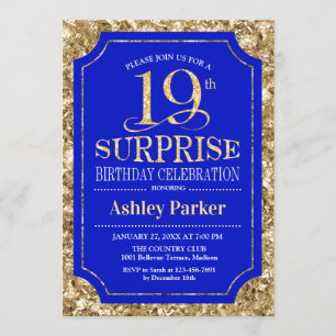 Surprise 19th Birthday Party - Gold Royal Blue Invitation