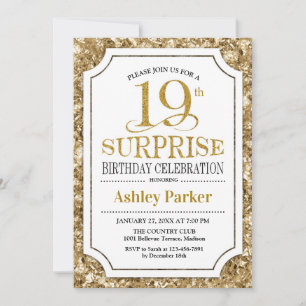 Surprise 19th Birthday Party - Gold White Invitation