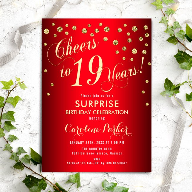 Surprise 19th Birthday Party - Red Gold Invitation (Creator Uploaded)
