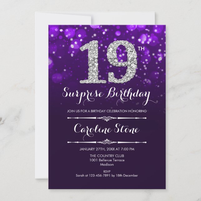 Surprise 19th Birthday - Purple Silver Invitation (Front)