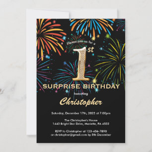 Surprise 1st Birthday Black Gold Rainbow Firework Invitation