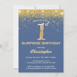 Surprise 1st Birthday Blue and Gold Glitter Invitation