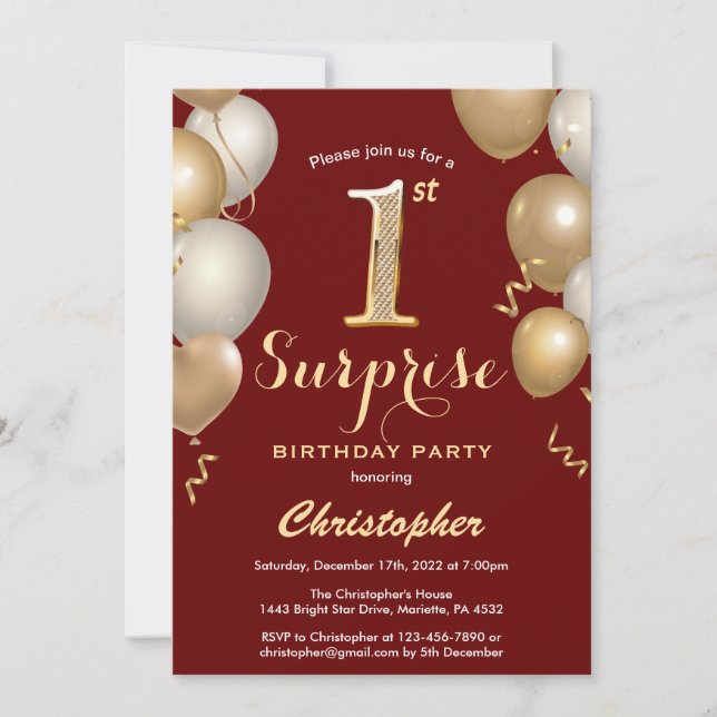 Surprise 1st Birthday Dark Red and Gold Balloons Invitation (Front)