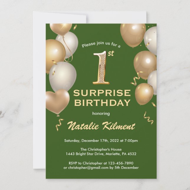 Surprise 1st Birthday Green and Gold Balloons Invitation (Front)