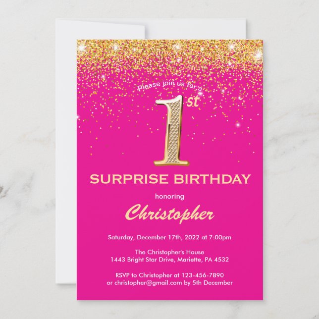 Surprise 1st Birthday Hot Pink and Gold Glitter Invitation (Front)