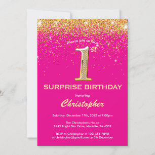 Surprise 1st Birthday Hot Pink and Gold Glitter Invitation