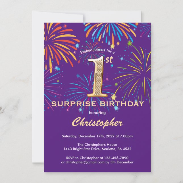 Surprise 1st Birthday Purple and Gold Firework Invitation (Front)