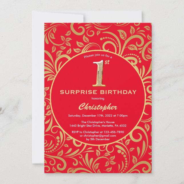 Surprise 1st Birthday Red and Gold Floral Invitation (Front)