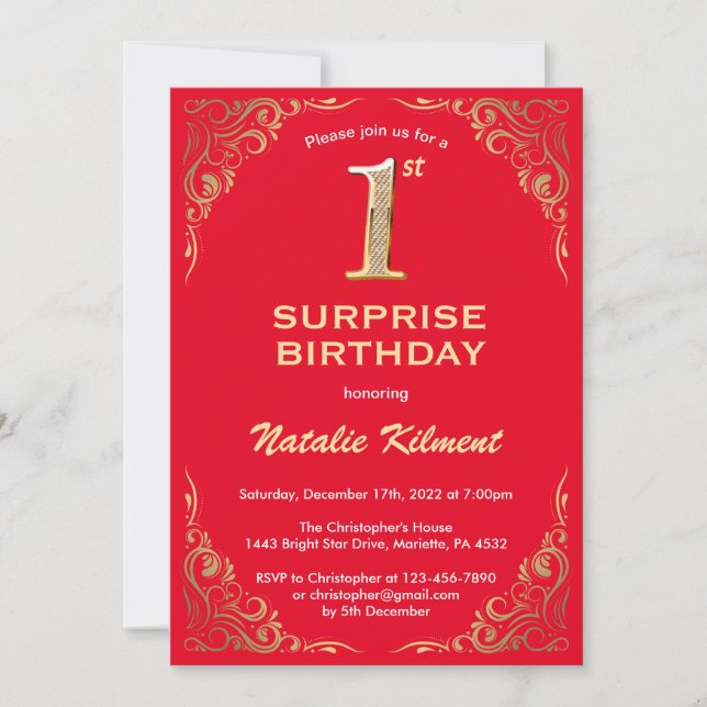 Surprise 1st Birthday Red and Gold Glitter Frame Invitation (Front)