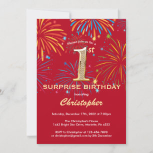 Surprise 1st Birthday Red & Gold Rainbow Firework Invitation