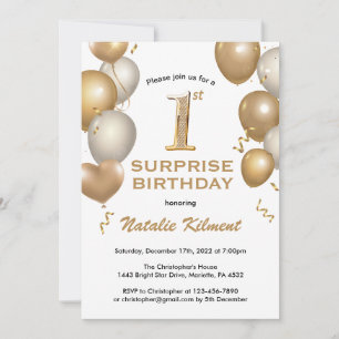 Surprise 1st Birthday White and Gold Balloons Invitation