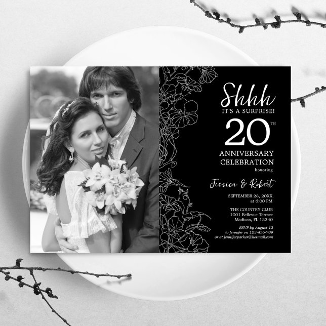 Surprise 20th Anniversary With Photo Black White Invitation (Creator Uploaded)