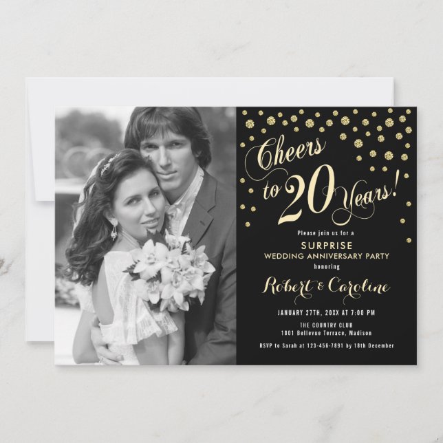 Surprise 20th Anniversary with Photo - Gold Black Invitation (Front)