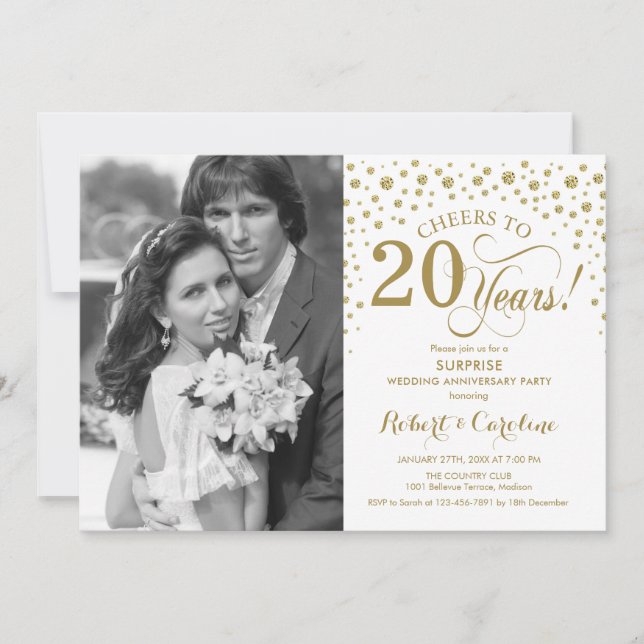 Surprise 20th Anniversary with Photo White Gold Invitation (Front)
