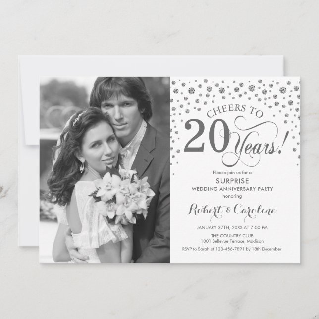 Surprise 20th Anniversary with Photo White Silver Invitation (Front)