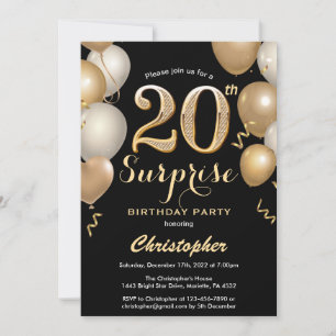 Surprise 20th Birthday Black and Gold Balloons Invitation