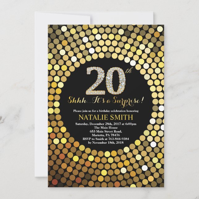 Surprise 20th Birthday Black and Gold Glitter Invitation (Front)