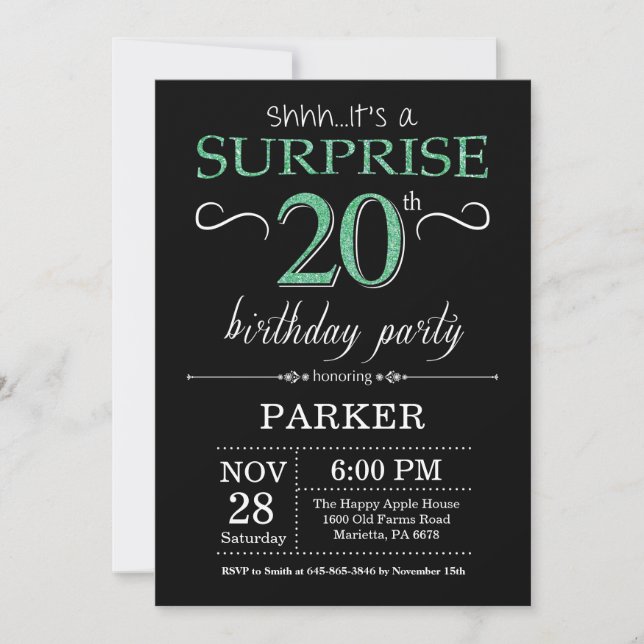 Surprise 20th Birthday Black and Green Glitter Invitation (Front)