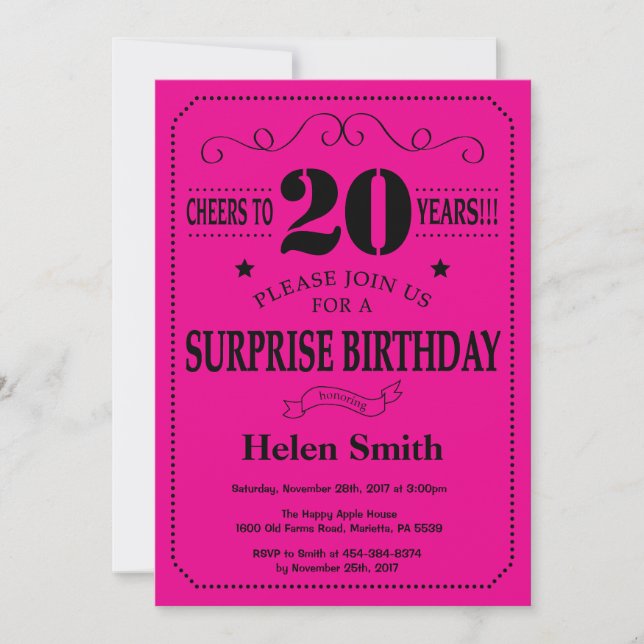 Surprise 20th Birthday Black and Hot Pink Invitation (Front)